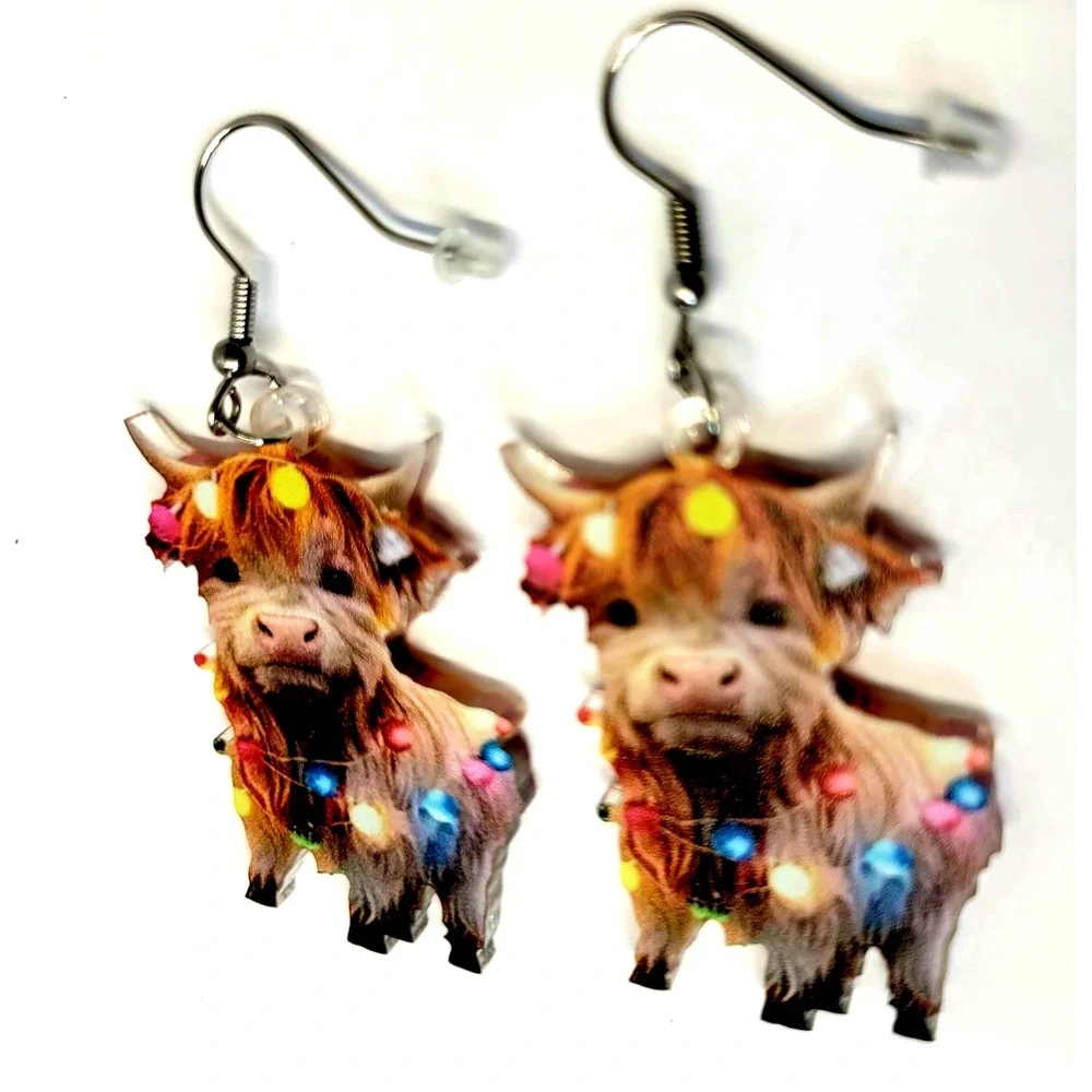 Highland Cow Christmas‎ Lights Dangle Earrings Women Holiday Acrylic Jewelry